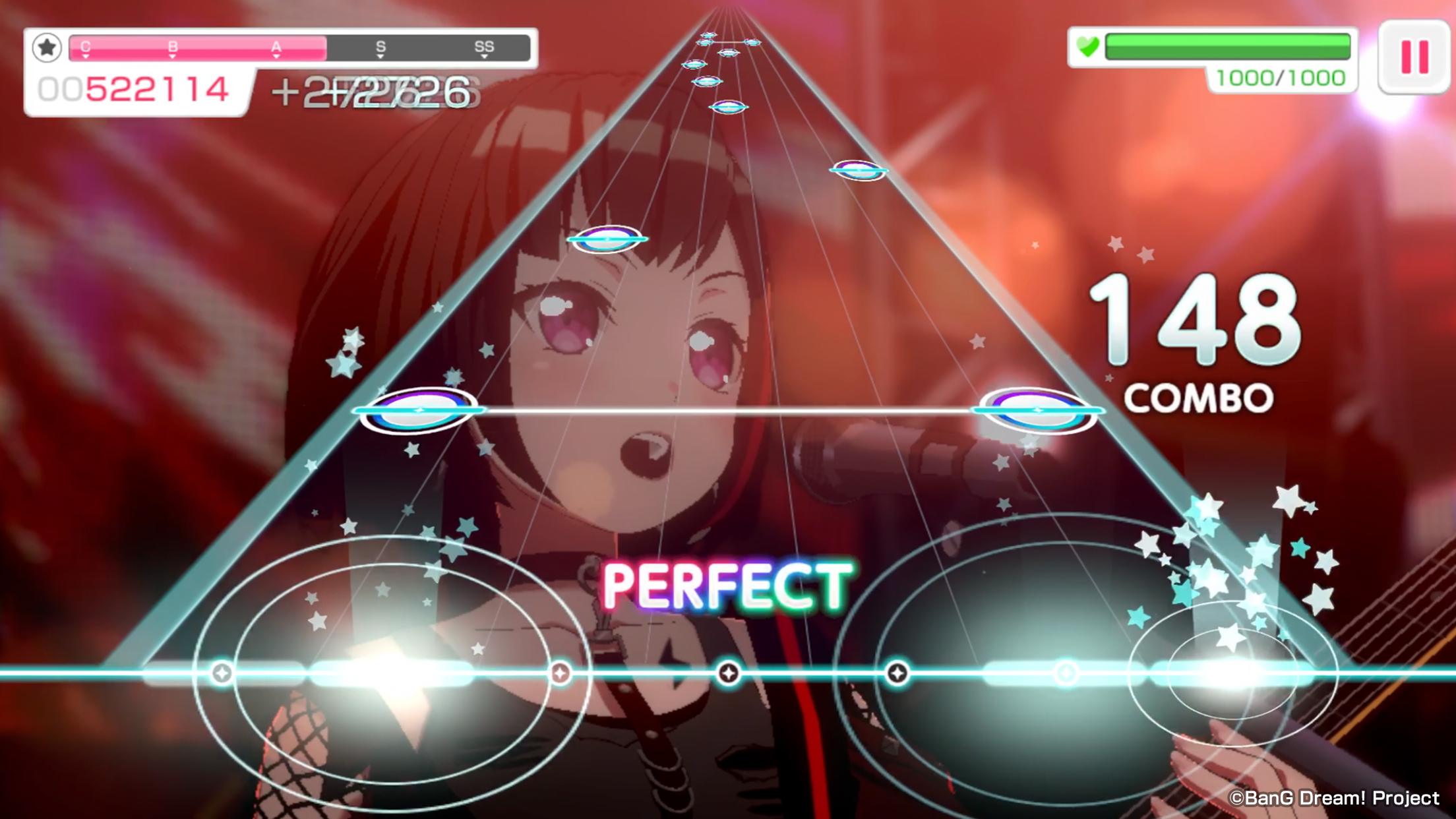 バンドリ！ガールズバンドパーティ！ リズムゲームプレイ中のPERFECT判定画面