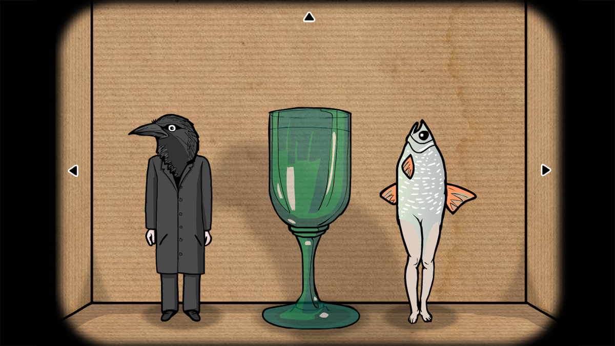 Cube Escape Collection カラスの頭を持つキャラクターと魚のオブジェが並ぶ不思議な部屋