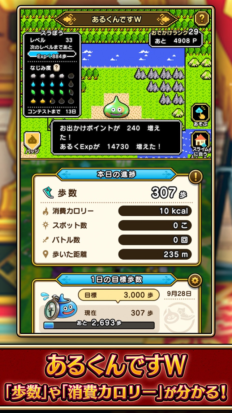 ドラゴンクエストウォーク あるくんですWで歩数や消費カロリーを確認する画面