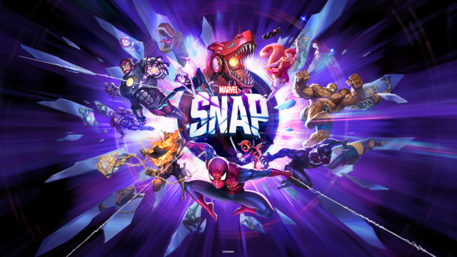 MARVEL SNAP 公式キーアート、ヒーローとヴィランに囲まれたロゴ