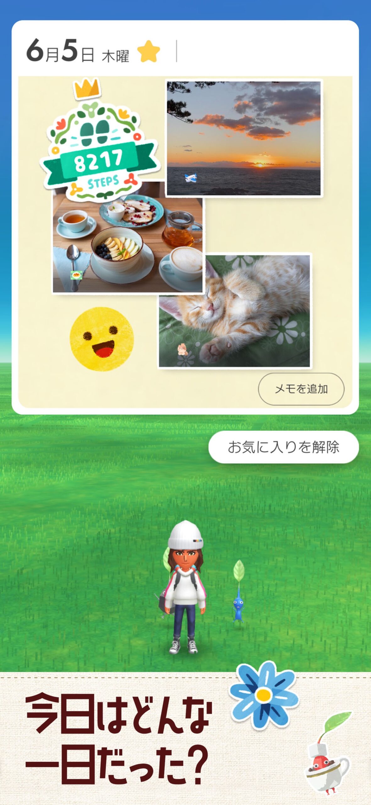ピクミン ブルーム 1日の歩数と写真をまとめた思い出カード画面