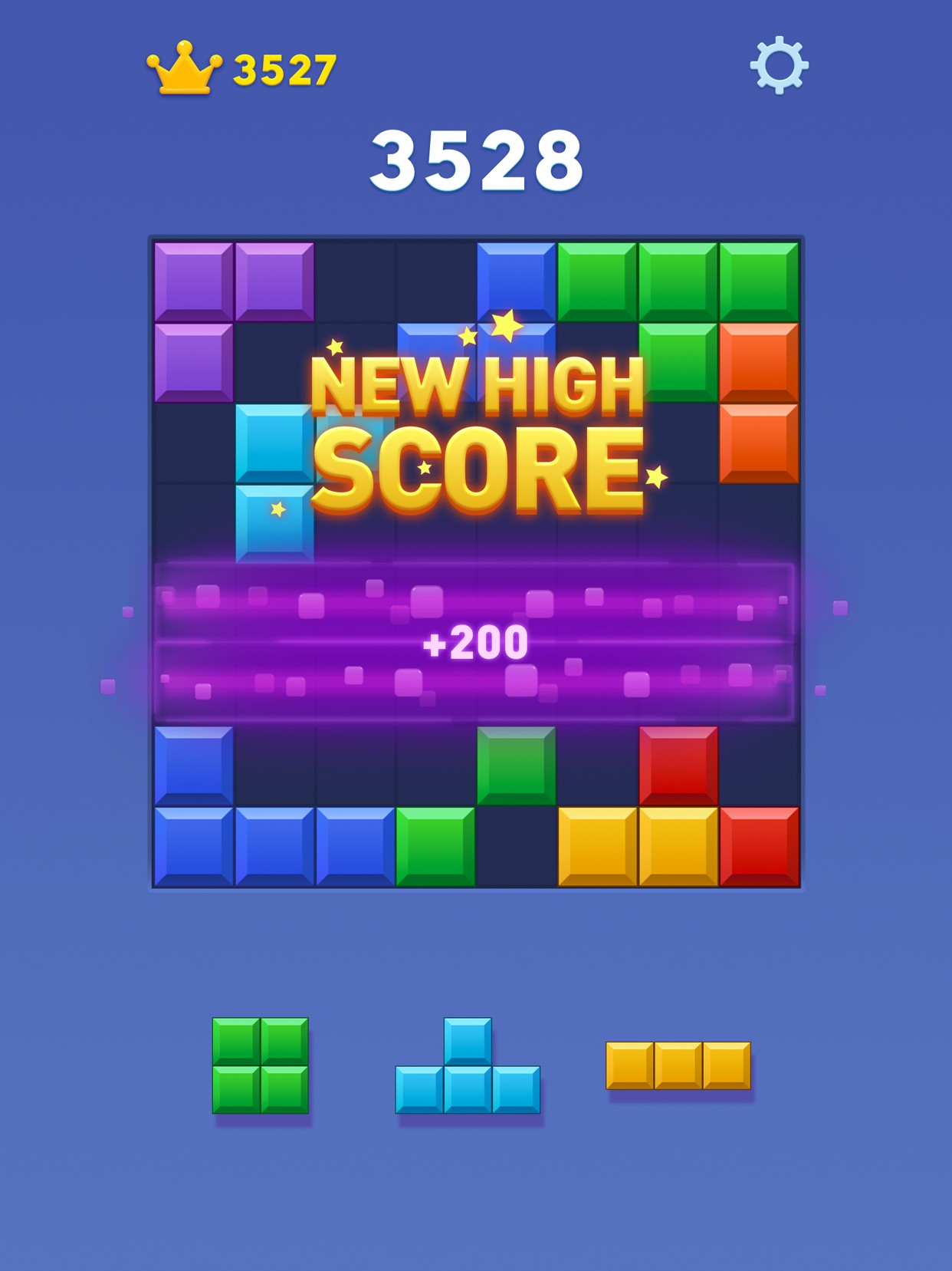 ブロックブラスト NEW HIGH SCOREとボーナス200点が表示されたリザルト画面