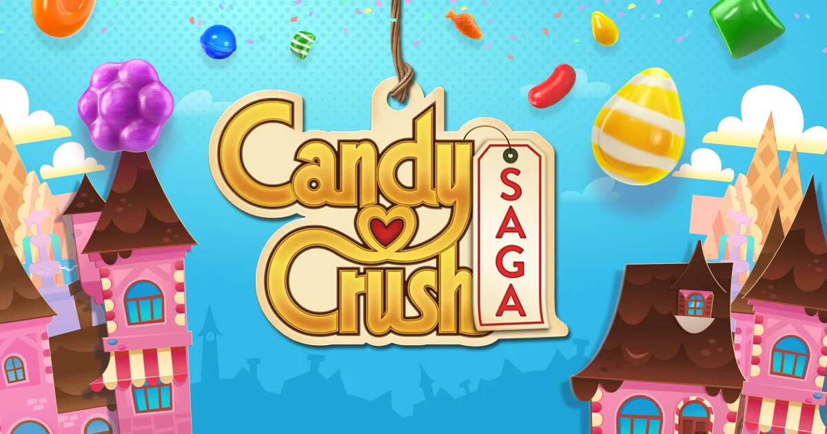 キャンディークラッシュ（Candy Crush Saga）公式ロゴビジュアル、カラフルなキャンディーとお城が描かれたキービジュアル