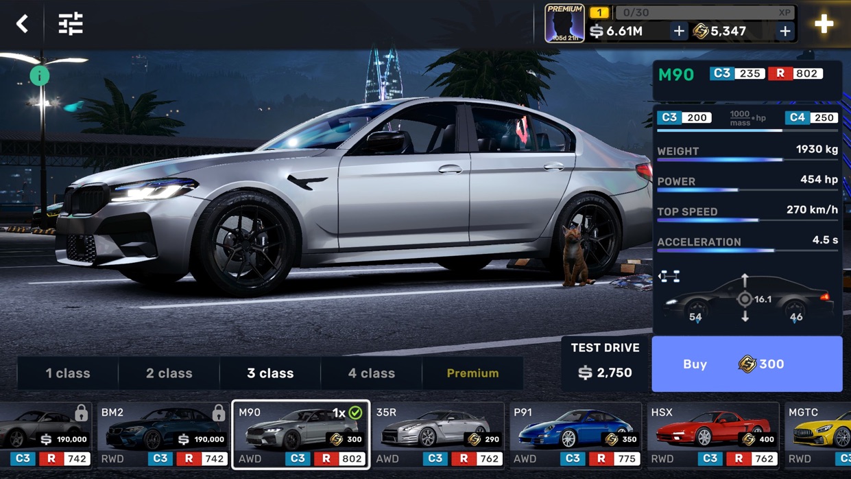 CarX Street 夜の街を背景にした車のディーラー購入画面