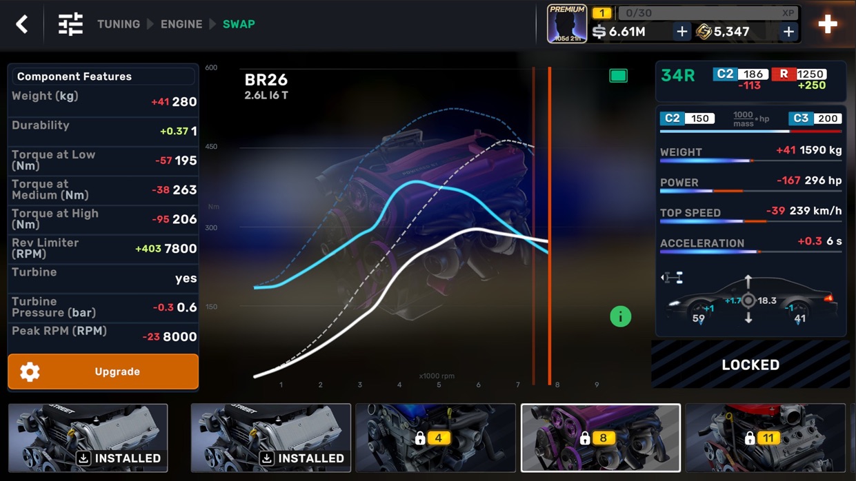 CarX Street エンジン換装で出力カーブを比較するチューニング画面