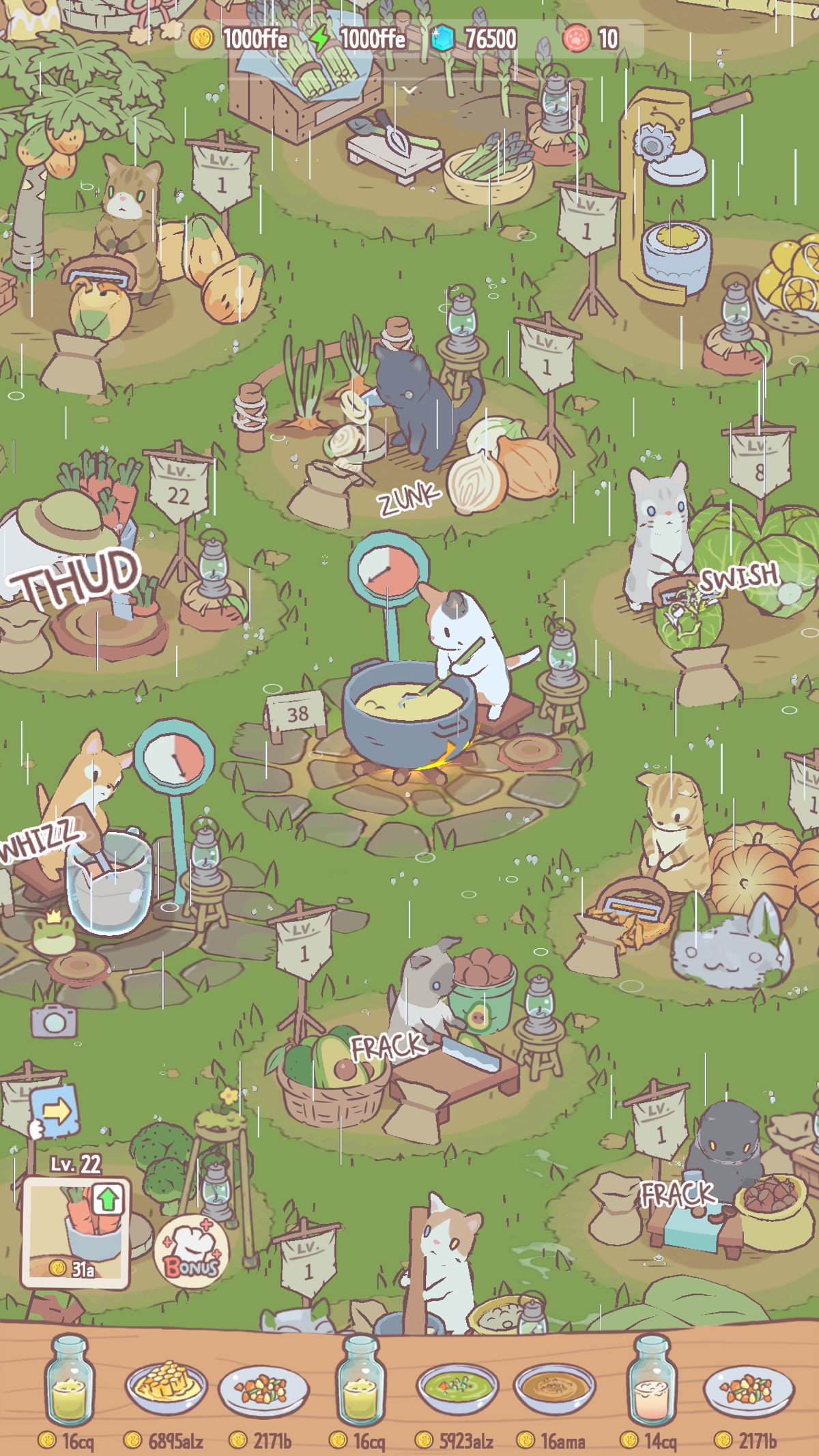 猫とスープ 森の中で野菜を刻んだりスープをかき混ぜたりする猫たちの調理風景