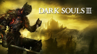DARK SOULS III 公式タイトルロゴ入りキーアート、燃え盛る鎧の戦士と城塞