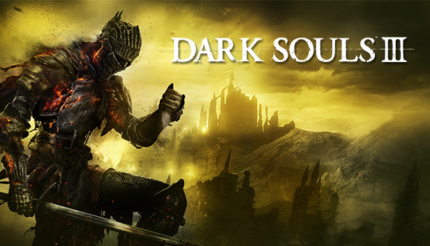 DARK SOULS III 公式タイトルロゴ入りキーアート、燃え盛る鎧の戦士と城塞