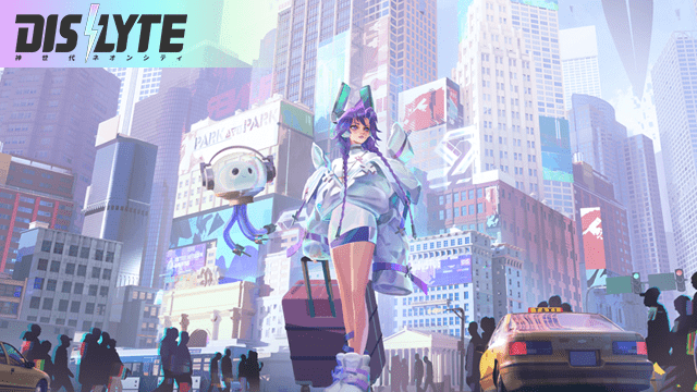 Dislyte－神世代ネオンシティ－ 近未来都市を背景にしたタイトルロゴと神覚者のキービジュアル
