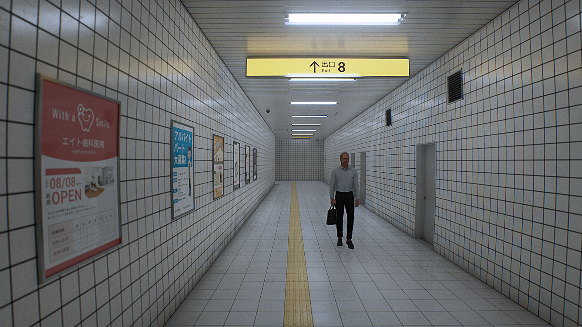 8番出口 終わらない地下通路を歩くスーツ姿のプレイヤーキャラクターと頭上の出口8サイン