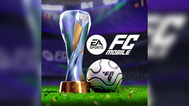EA SPORTS FC サッカー Mobile アイキャッチ、EA SPORTS FCロゴがトロフィーとボールとともに中央に大きく配置