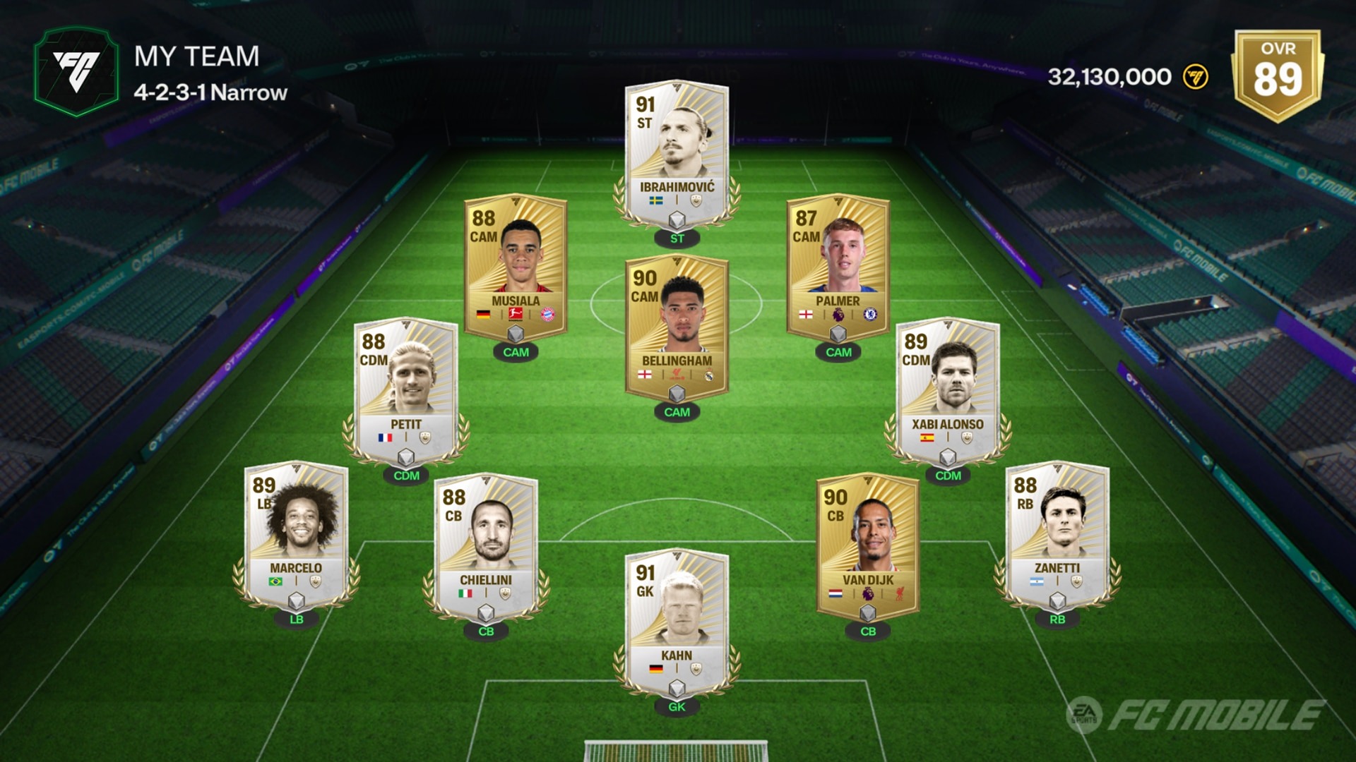 EA SPORTS FC Mobile Ultimate Teamの編成画面、イブラヒモビッチやファン・ダイクなどの選手カードが並ぶフォーメーション画面
