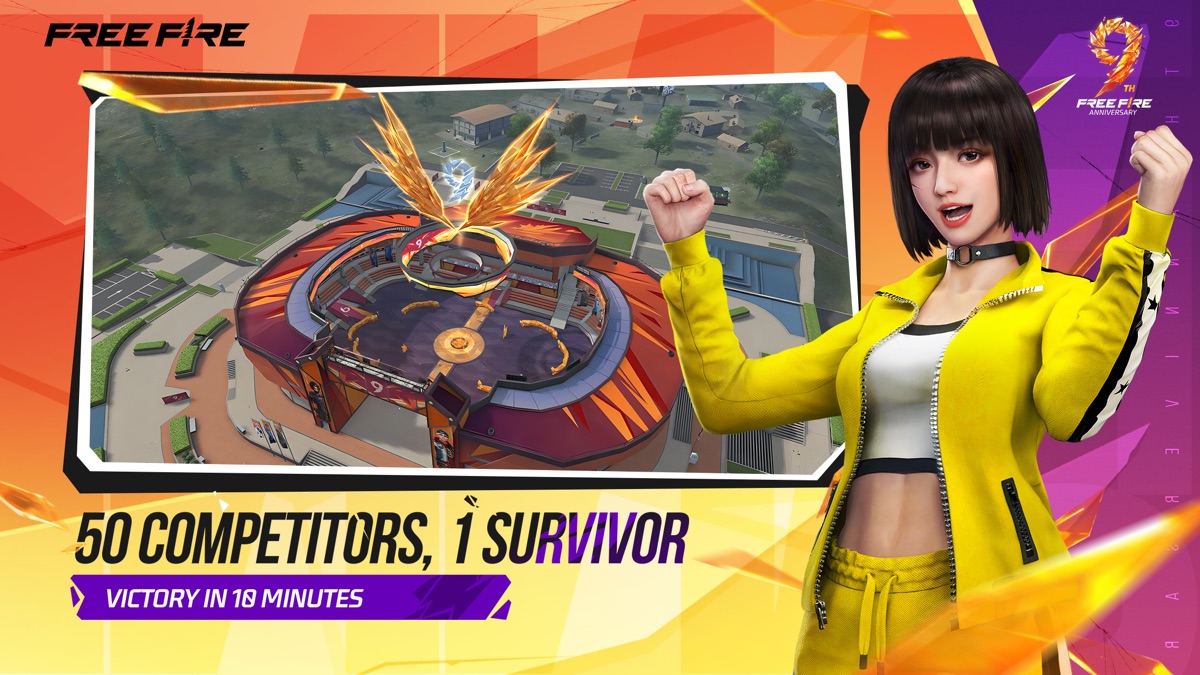 Free Fire 50人が戦う舞台となるアリーナを上空から見下ろす場面、10分で決着がつくことを示す表示