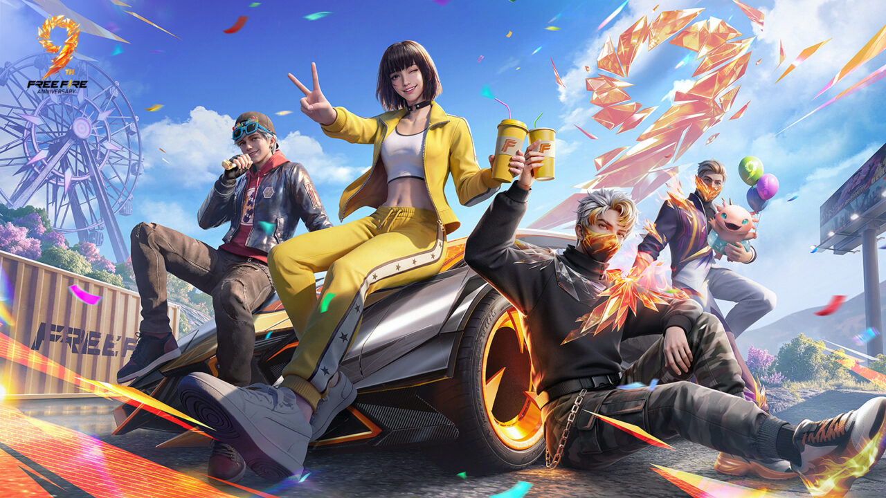Free Fire 9周年記念のロゴとキャラクターが並ぶビジュアル