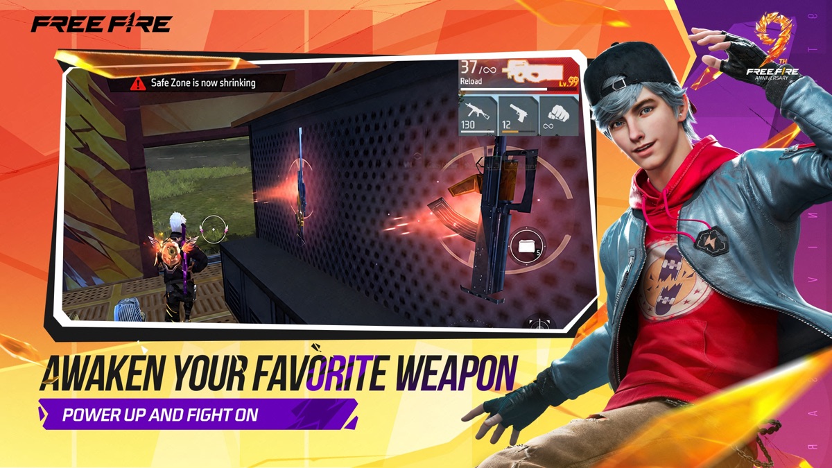 Free Fire 安全地帯縮小の警告と武器のリロード画面