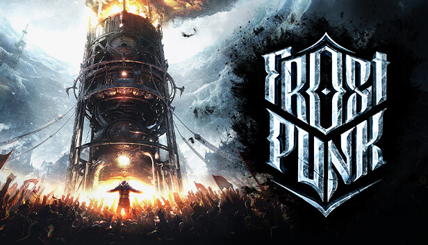 フロストパンク Steam公式カプセル画像 発電機のシルエットと巨大なFROSTPUNKロゴ