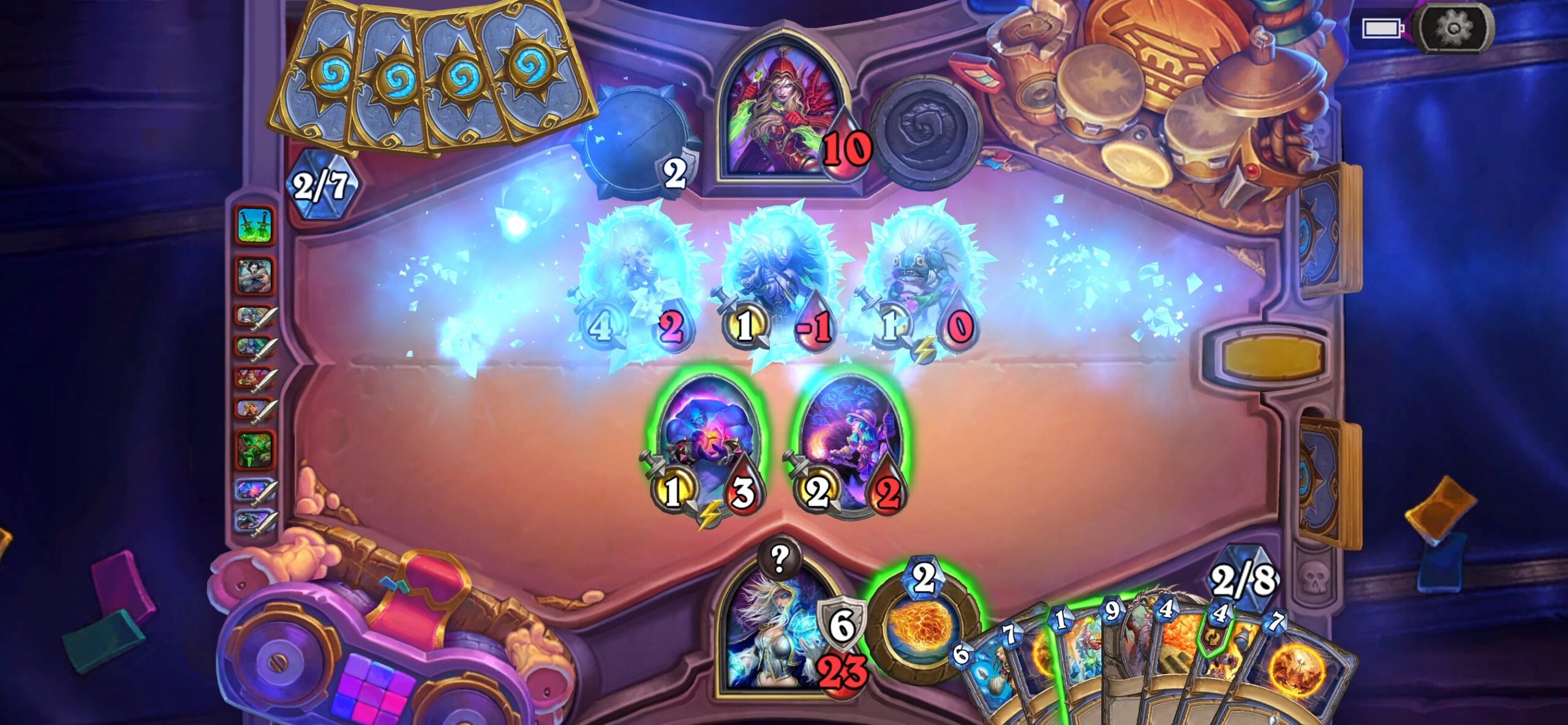 Hearthstone デュエル画面、フィールドにミニオンが並び体力23のヒーローが表示されている