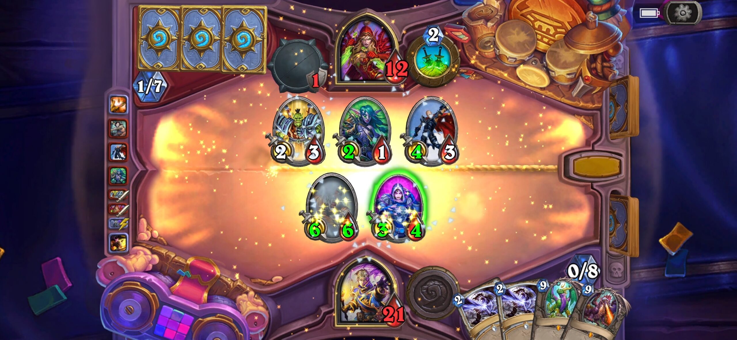 Hearthstone デュエル画面、体力12のヒーローとフィールドのミニオンが表示されている
