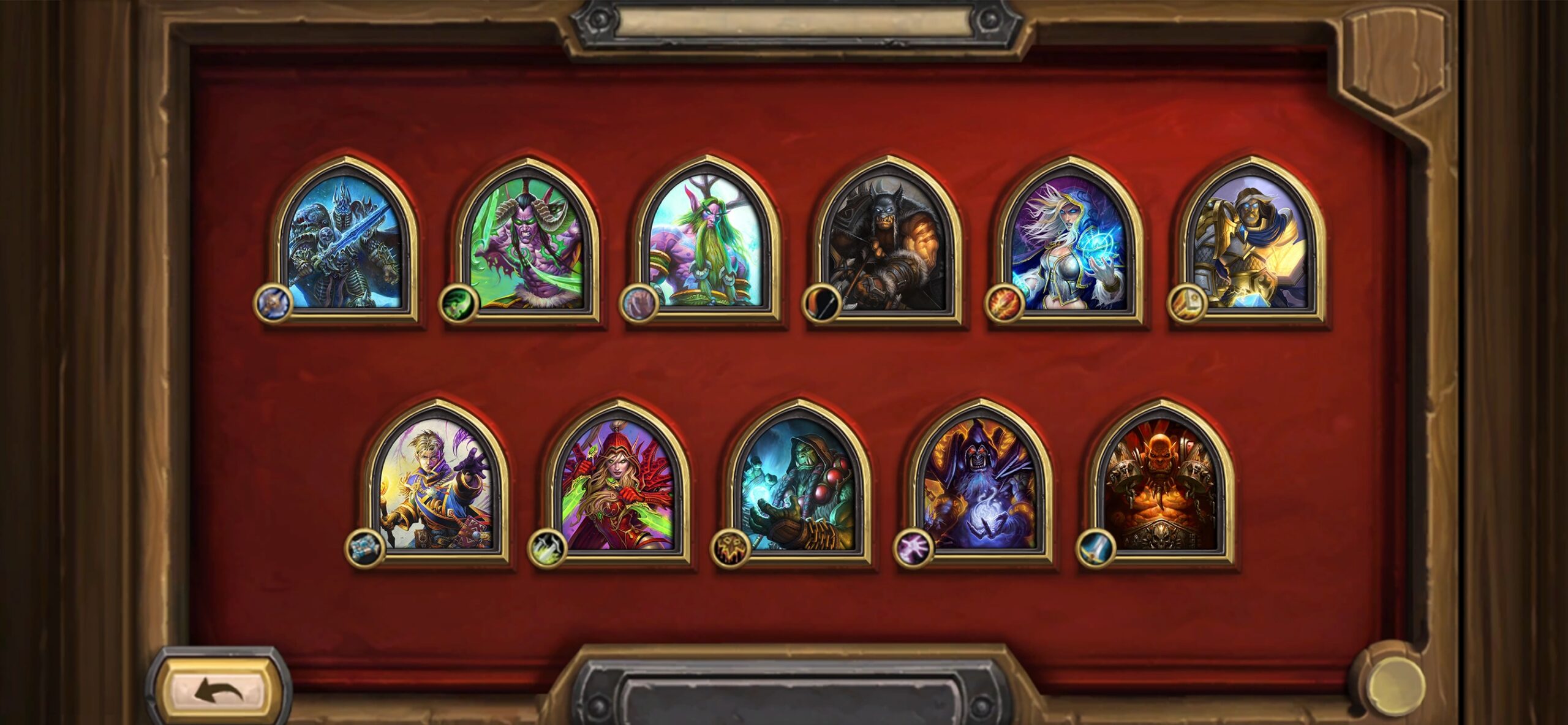 Hearthstone ヒーロー(クラス)選択画面、11人のヒーローが並んでいる