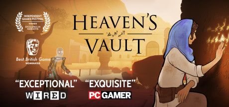 Heaven's Vaultの公式ヘッダー画像、古代言語の刻まれた遺跡を調べる主人公