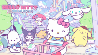ハローキティ：マイドリームストア公式キービジュアル、HELLO KITTY MY DREAM STOREロゴとキティ・クロミたちがショッピングモールにいる様子