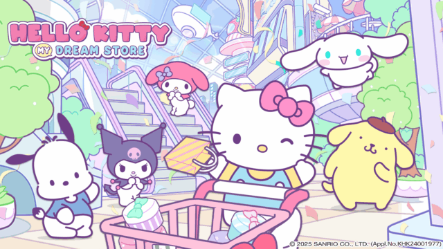 ハローキティ：マイドリームストア公式キービジュアル、HELLO KITTY MY DREAM STOREロゴとキティ・クロミたちがショッピングモールにいる様子