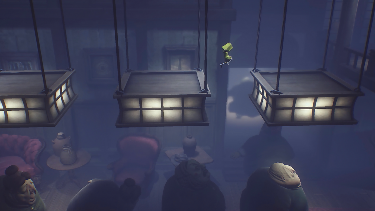 Little Nightmares 巨大な住人たちの前で吊りランプの上を飛び移るシックス