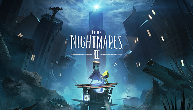 Little Nightmares II 公式カプセル画像、霧の廃墟に浮かぶ大きなタイトルロゴ