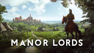 マナーロード 公式キーアート「MANOR LORDS」の巨大なロゴが画面下部に配置された中世の田園風景