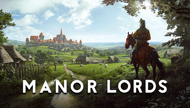 マナーロード 公式キーアート「MANOR LORDS」の巨大なロゴが画面下部に配置された中世の田園風景