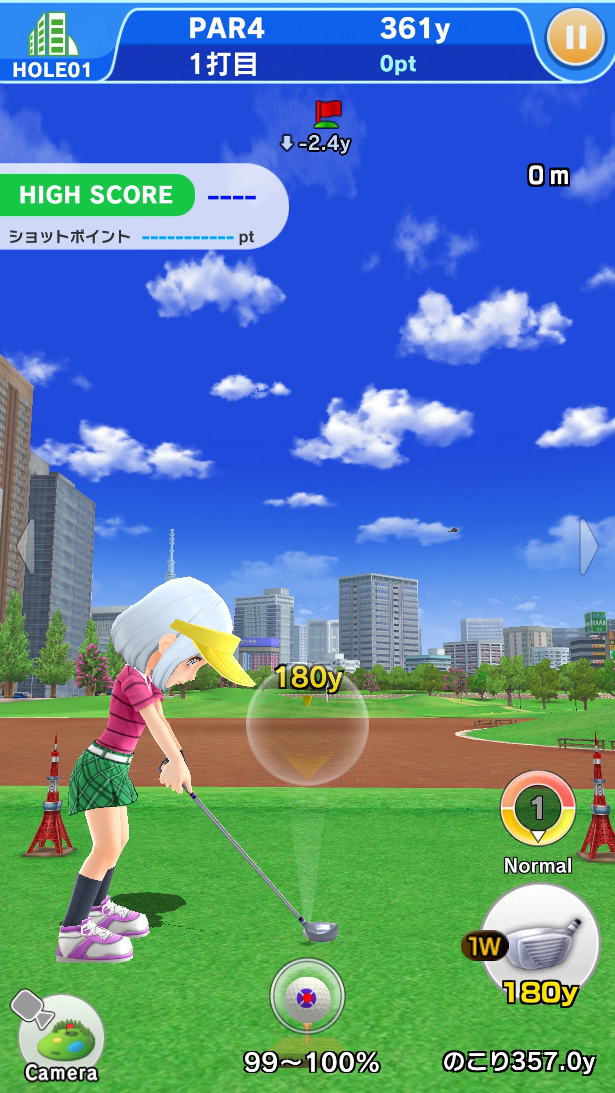 みんゴル 東京タワーが見えるコースでティーショットを打つ実際のプレイ画面