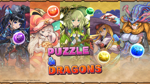 パズル&ドラゴンズ（パズドラ）公式ロゴビジュアル、5人のキャラクターとPUZZLE&DRAGONSのロゴ