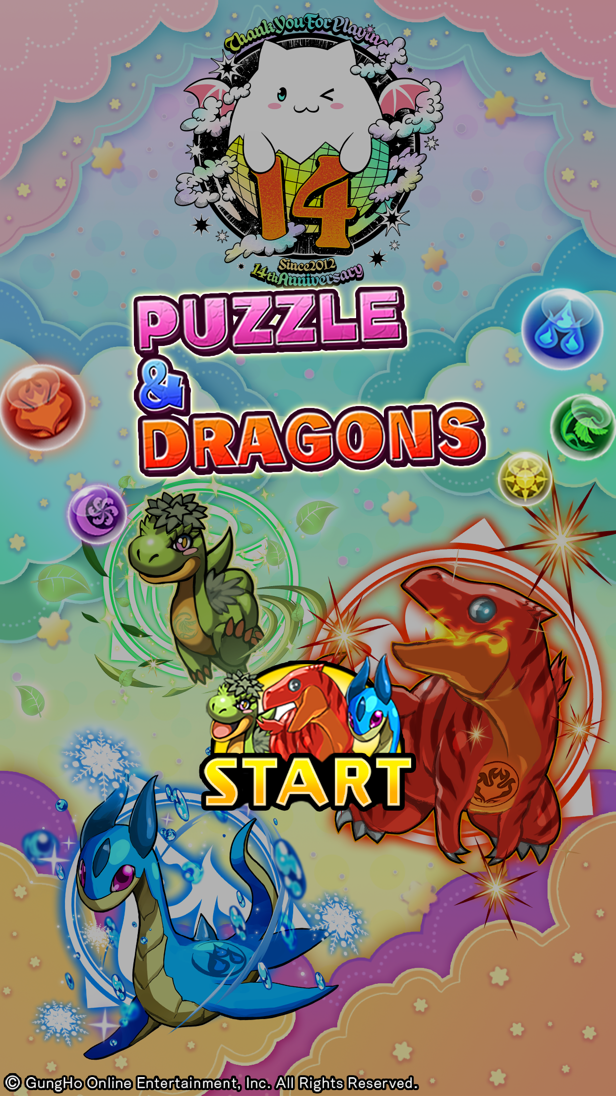 パズル&ドラゴンズ タイトル画面に表示されるPUZZLE&DRAGONSのロゴと14周年記念ロゴ