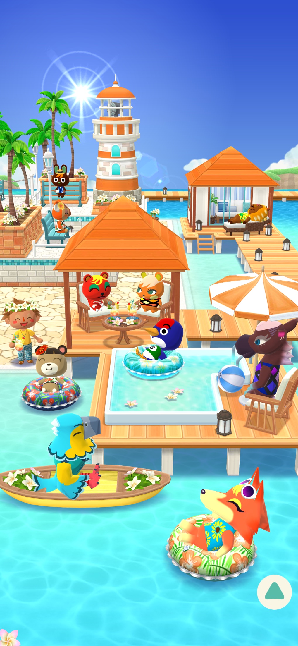 どうぶつの森 ポケットキャンプ コンプリート 夏のビーチリゾートで多くのどうぶつたちがプールや浮き輪で遊んでいる画面