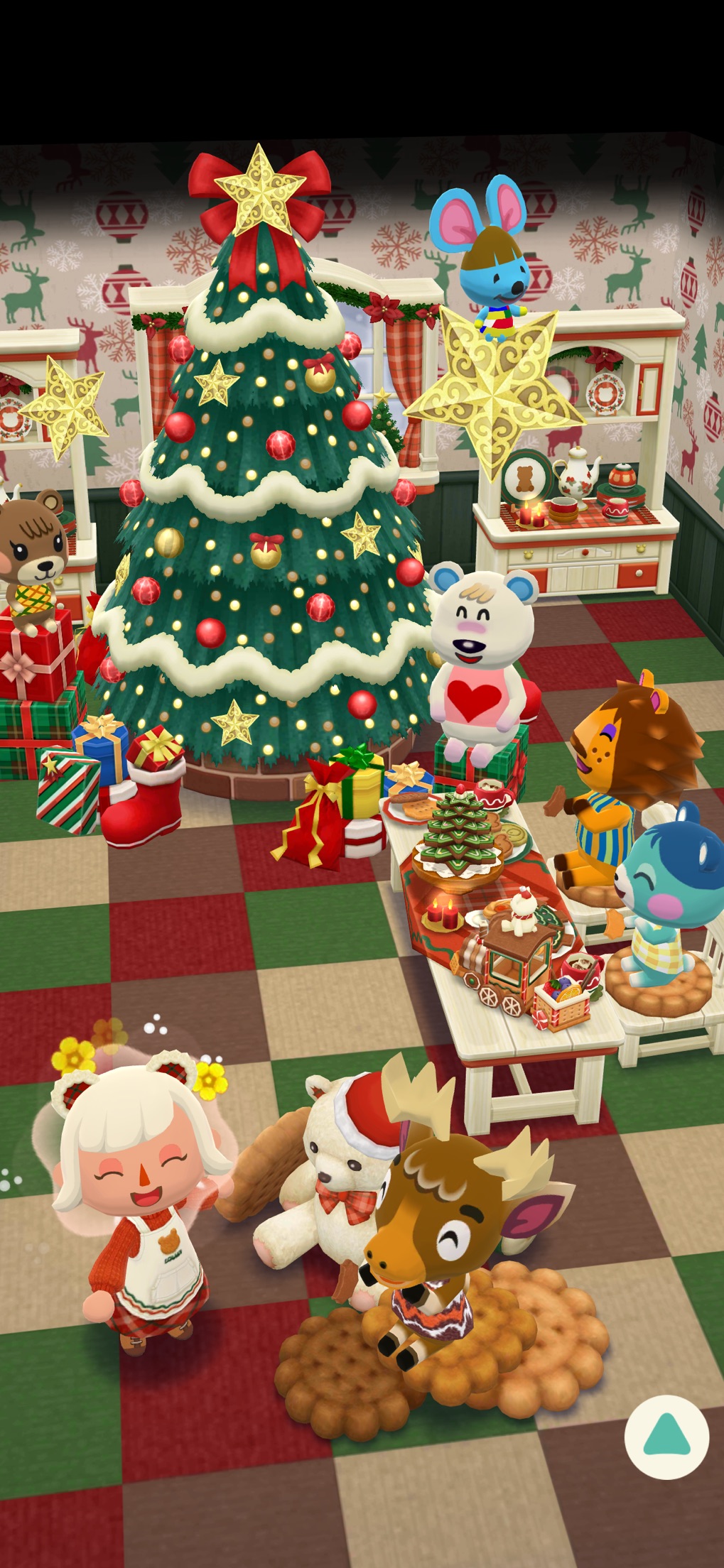 どうぶつの森 ポケットキャンプ コンプリート クリスマスツリーの周りでどうぶつたちがパーティーを楽しんでいる画面