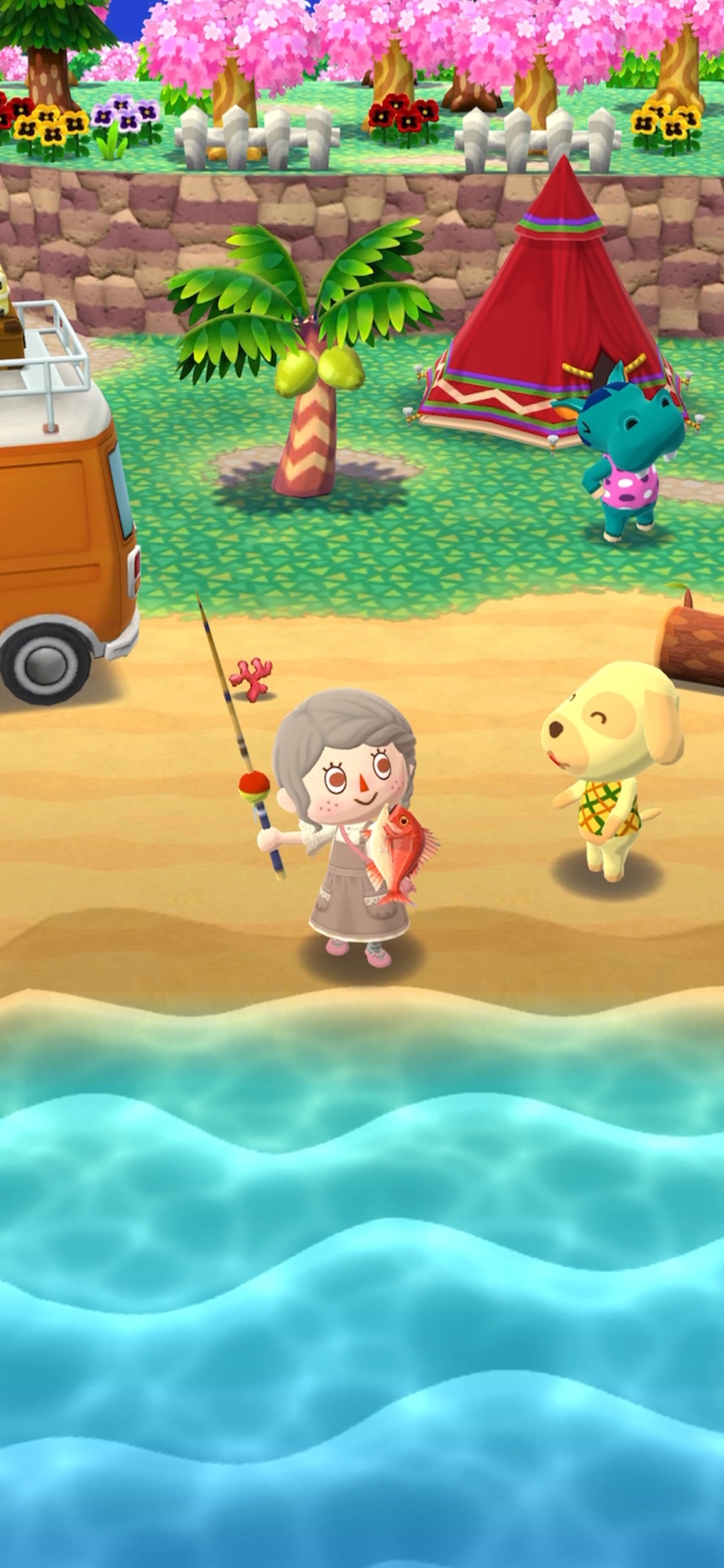 どうぶつの森 ポケットキャンプ コンプリート 浜辺で魚を釣り上げてどうぶつと喜び合っている画面