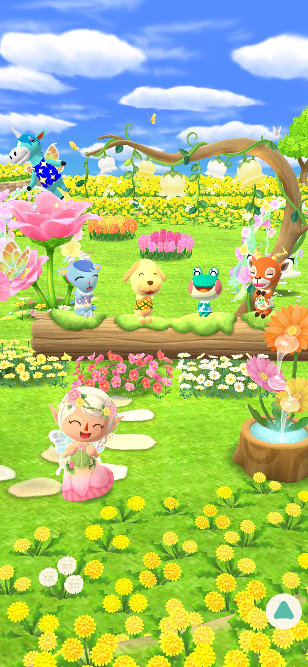 どうぶつの森 ポケットキャンプ コンプリート みんなが集まる新エリアくちぶえ峠でどうぶつたちと過ごしている画面
