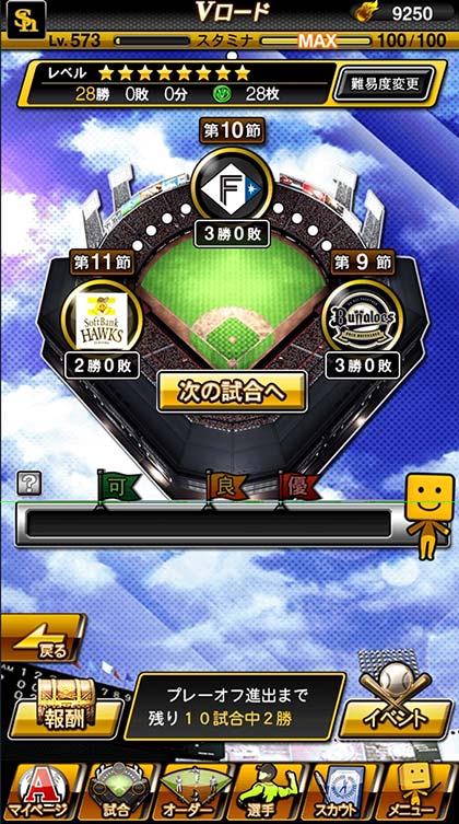 プロ野球スピリッツA Vロードモードのトーナメント表画面、対戦チームと勝敗数が表示されている
