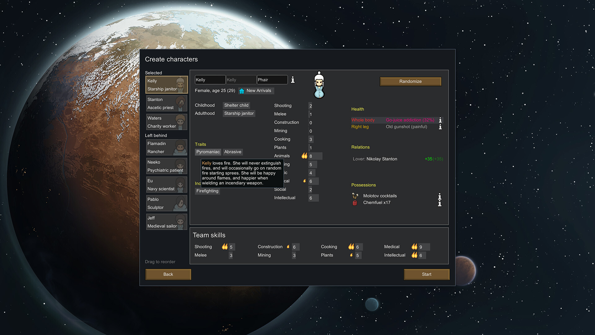 RimWorld 入植者の性格特性やスキルを確認するキャラクター作成画面