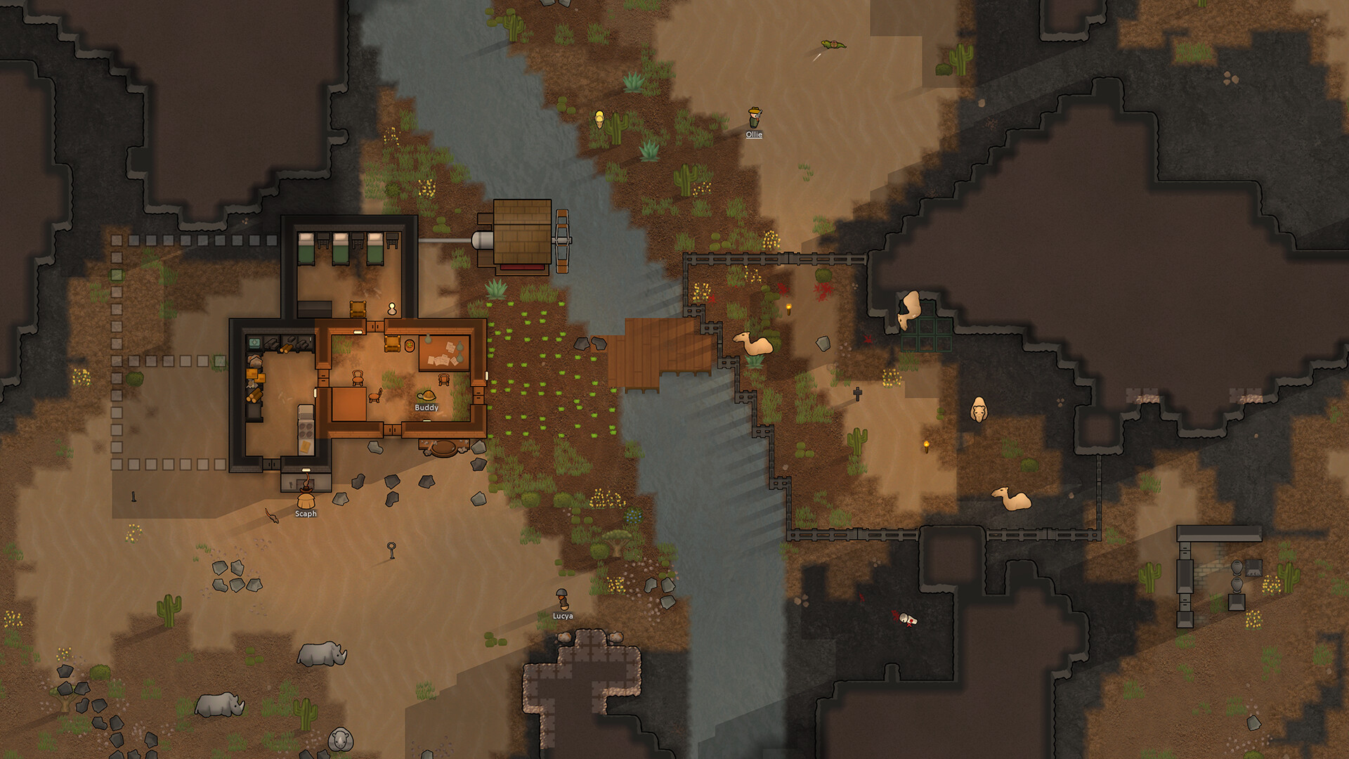 RimWorld 川沿いに小さな小屋一つだけの初期段階のコロニー