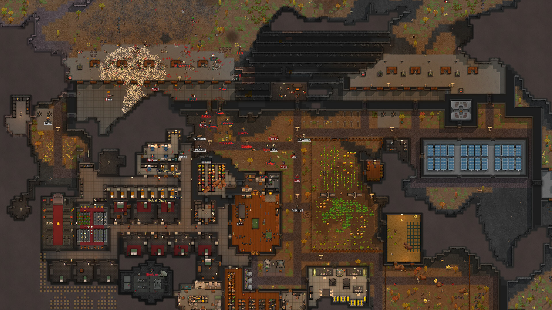 RimWorld 太陽光パネルや広大な畑を備えた発展したコロニーの全景