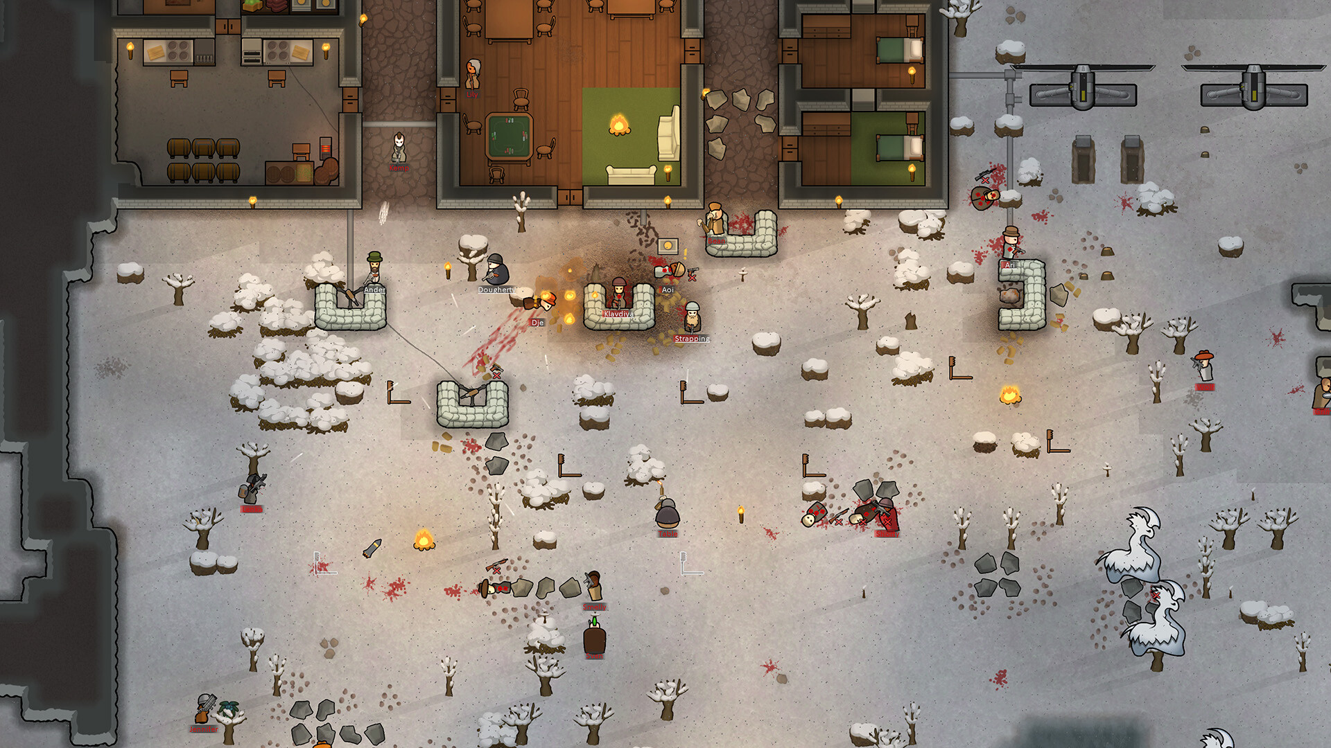RimWorld 雪原で襲撃者と防衛戦を繰り広げる夜間の戦闘シーン