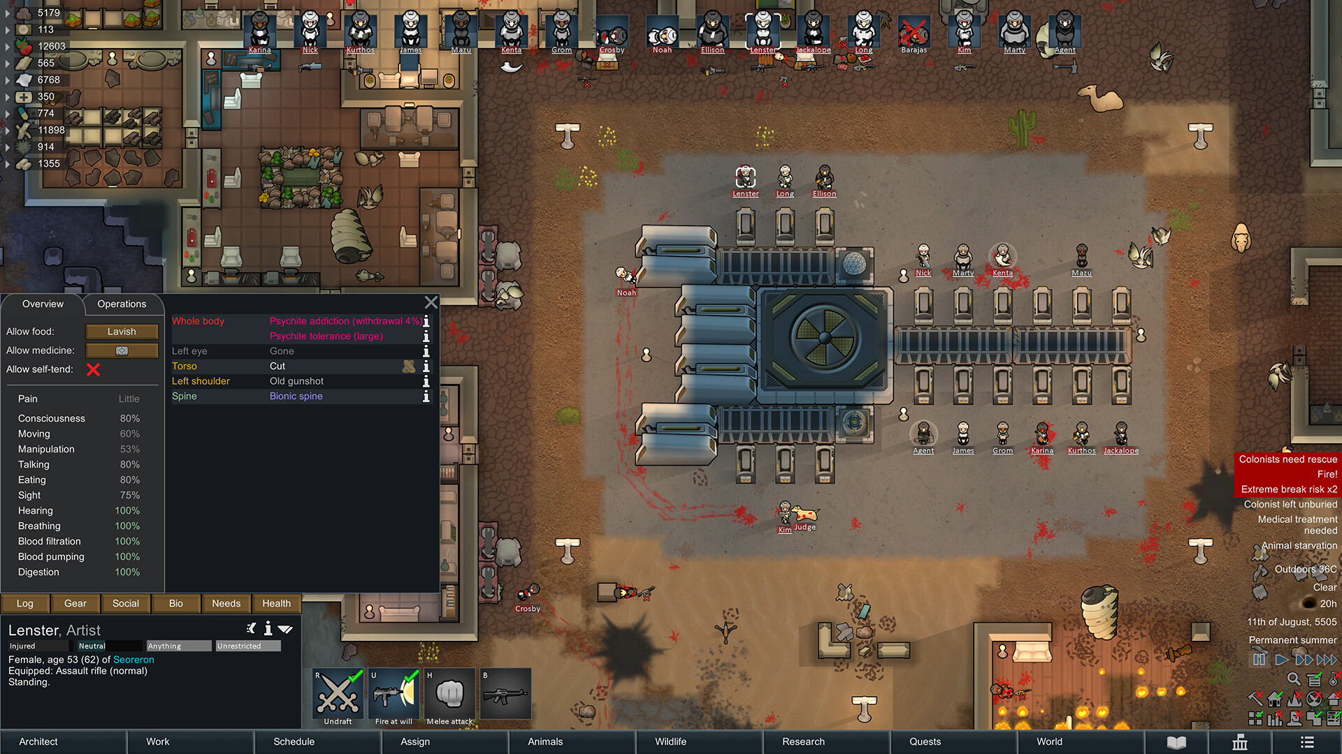 RimWorld 宇宙船のパーツと反応炉を備えた発展後期のコロニー