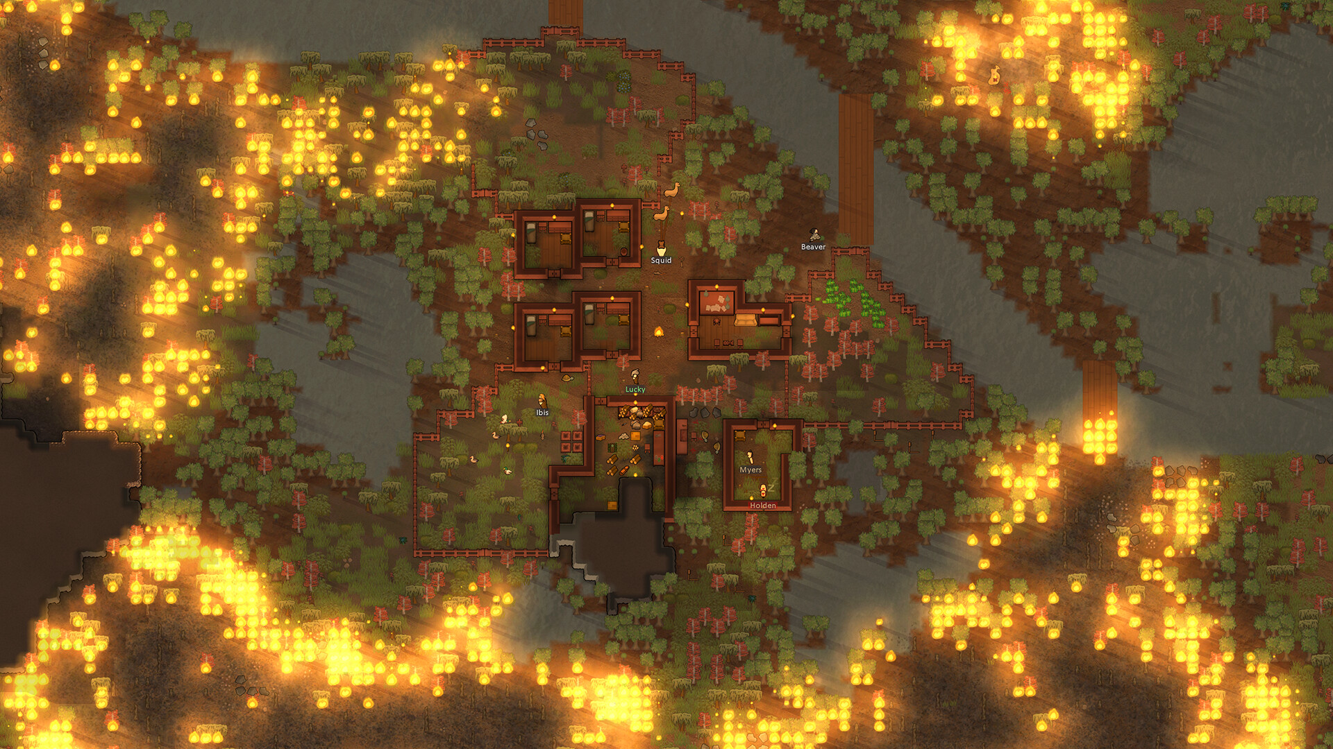 RimWorld 森林火災が拠点周辺に広がっていく緊急事態の様子