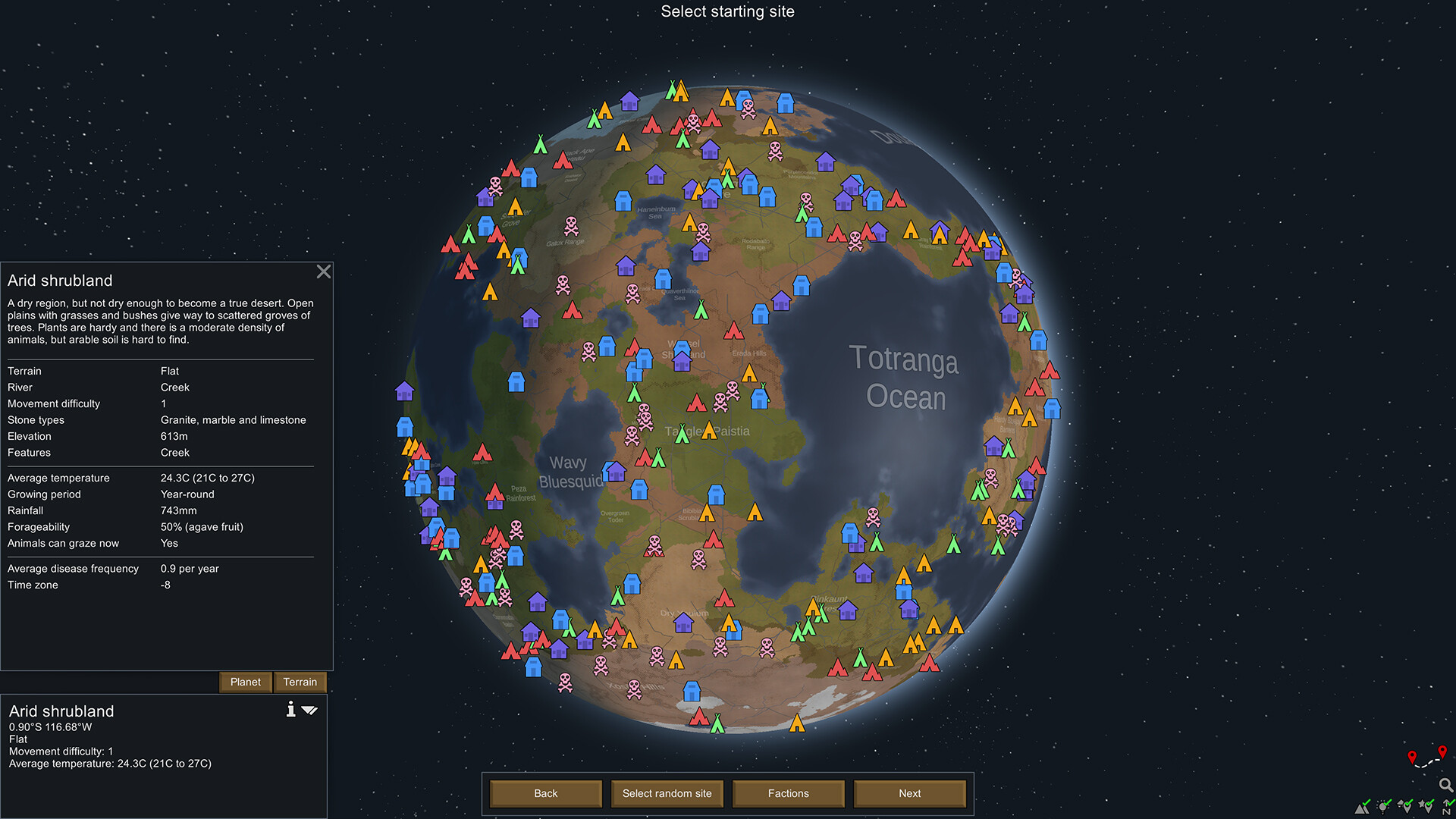 RimWorld 惑星上の開拓地を選択するワールドマップ画面