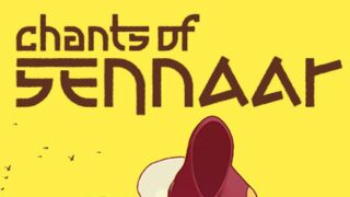 Chants of Sennaarのタイトルロゴ、黄金の空を背景に大きく表示されたロゴと旅人たちのシルエット