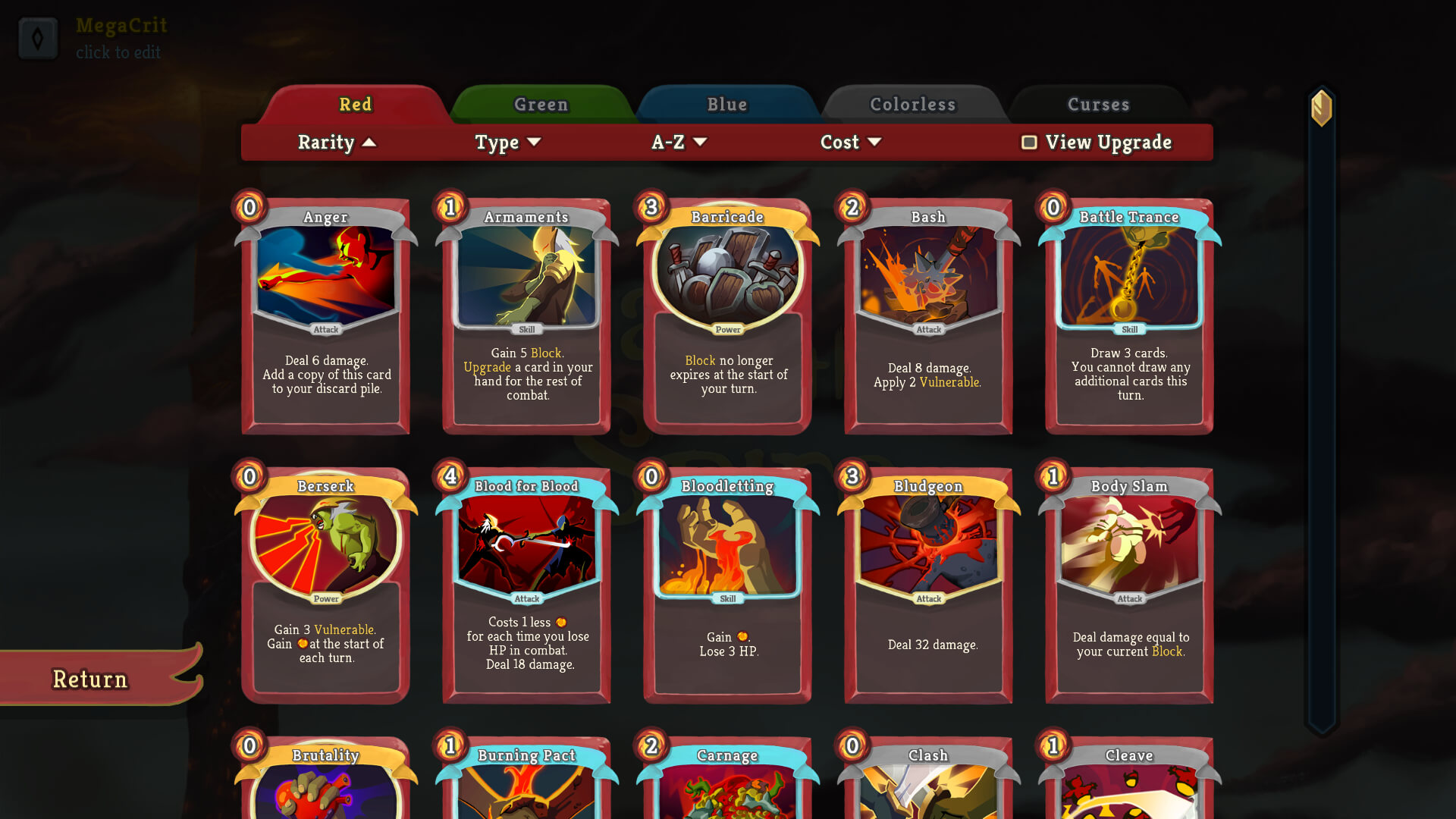 Slay the Spire アイアンクラッドの赤カード一覧をずらりと並べたコンパンディウム画面