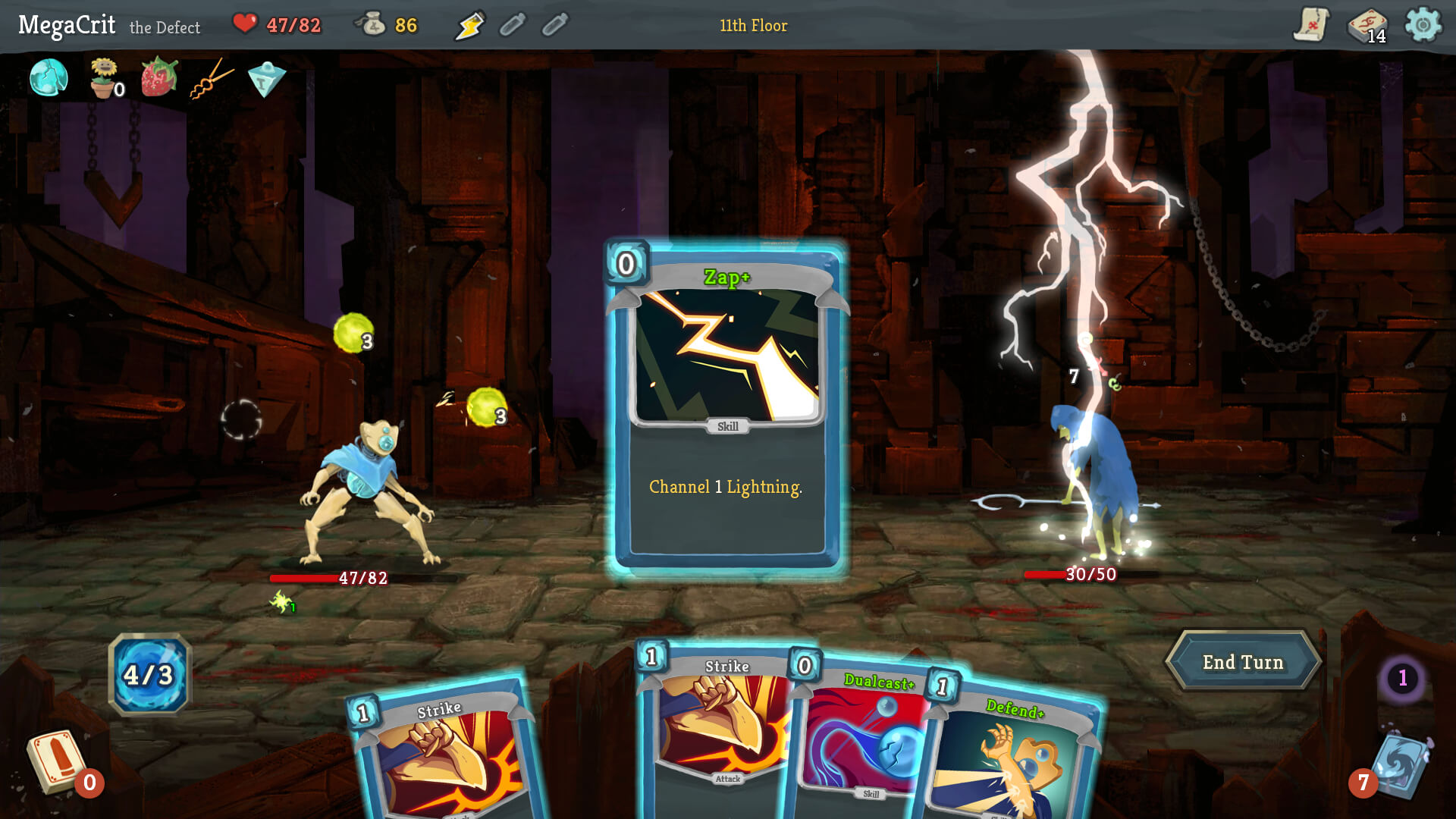 Slay the Spire ザ・ディフェクトが電撃のパワーカードでコンボを狙う戦闘画面