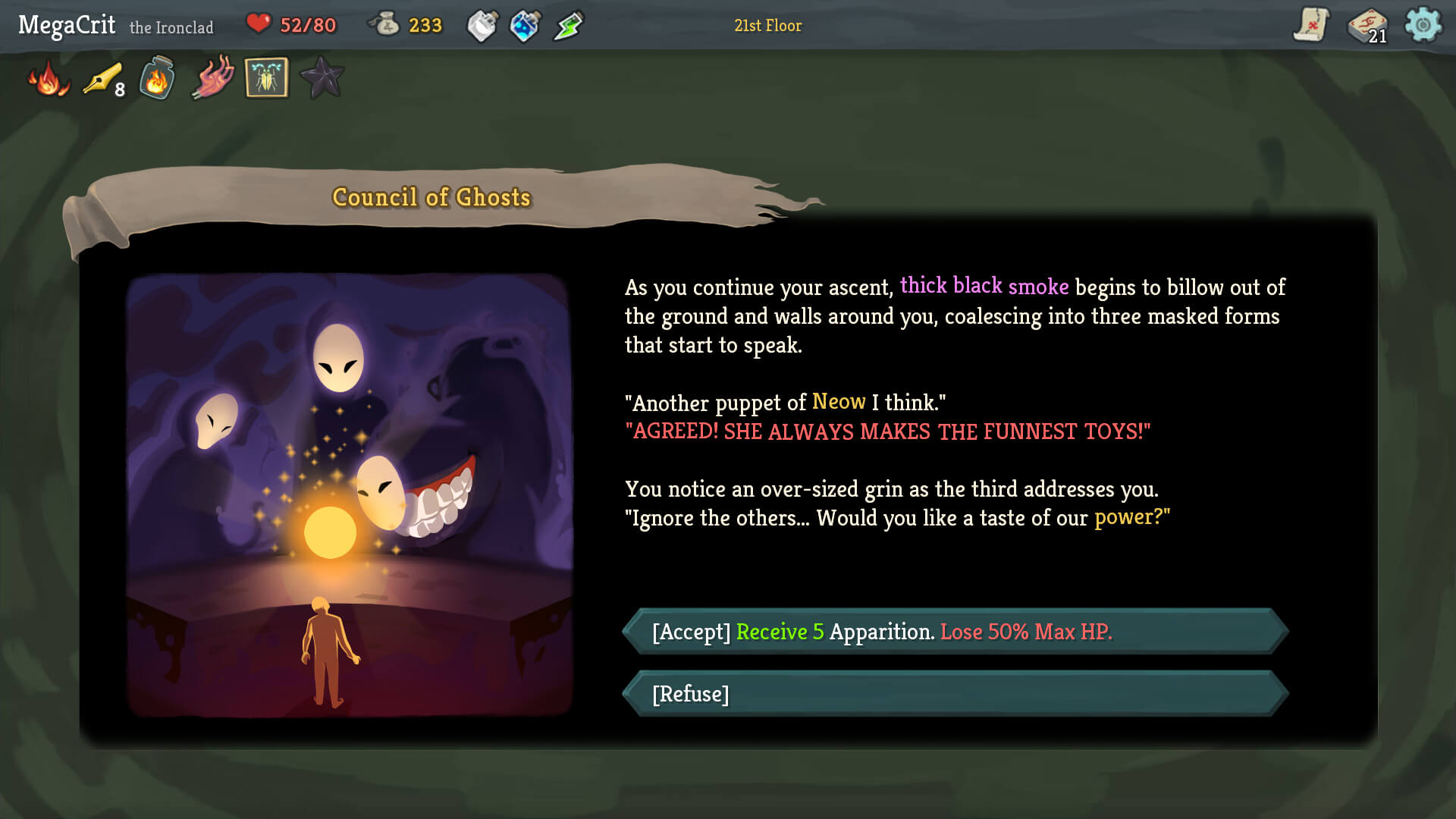 Slay the Spire 塔を登る途中に現れるCouncil of Ghostsのランダムイベント画面