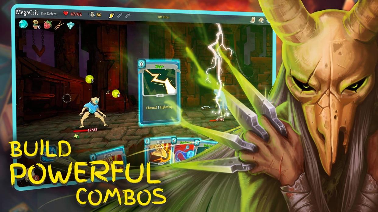 Slay the Spire モバイル版で強力なコンボを組み立てる戦闘画面
